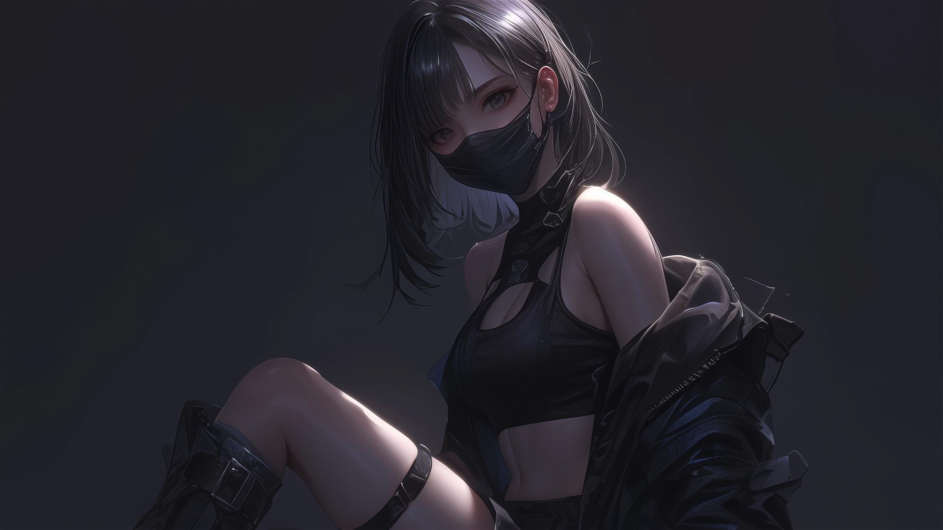 Tactical school girl with short hair and masked face in dynamic pose