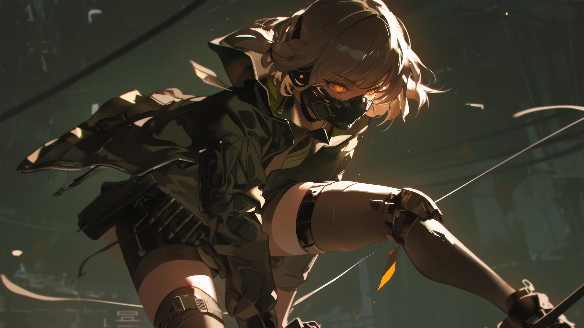 Tactical school girl with short hair, dark mask, in dynamic pose with thigh focus and spotlight effect