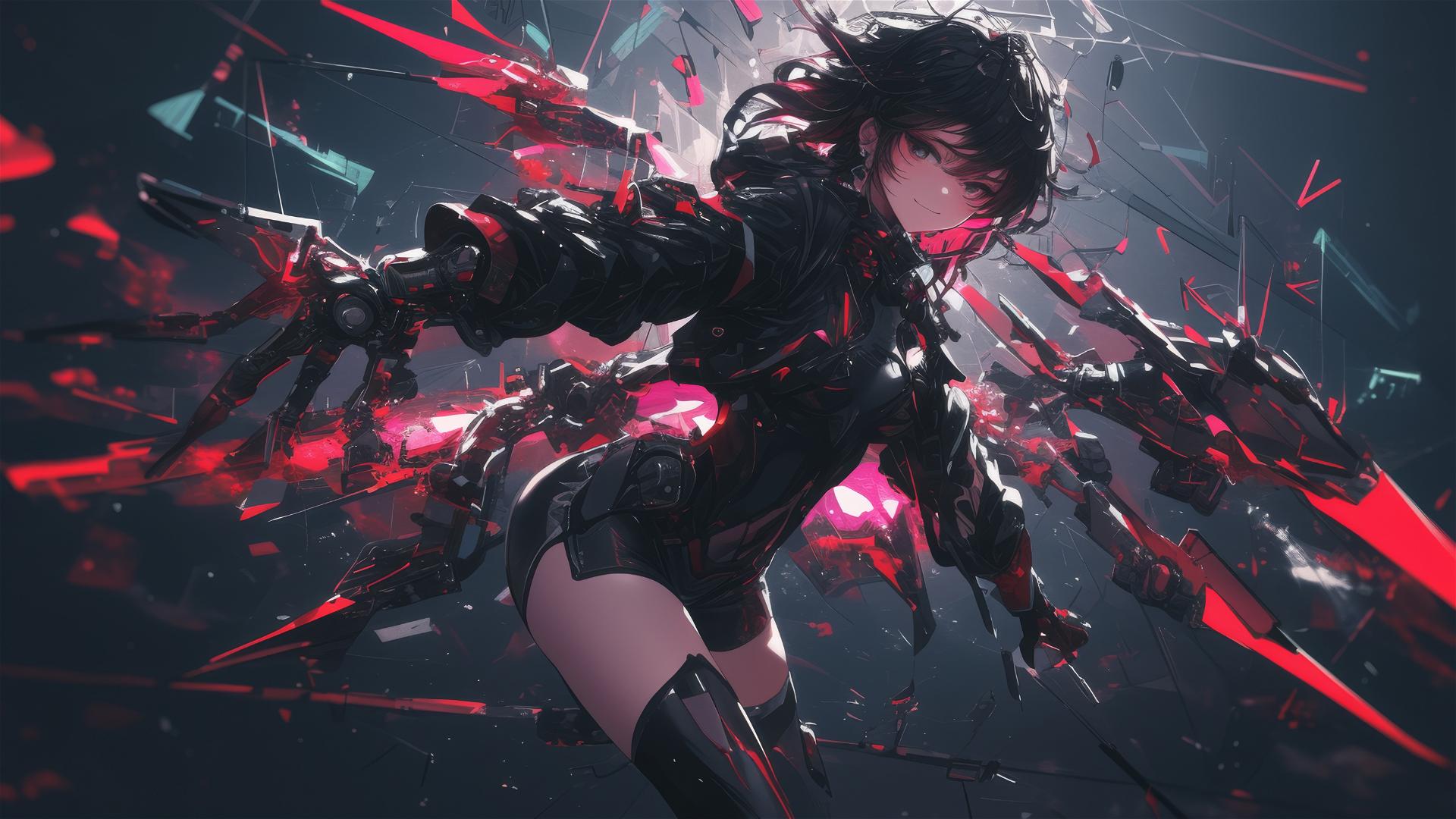 Cybernetic Agent Girl in dynamic pose with thigh focus on dark background