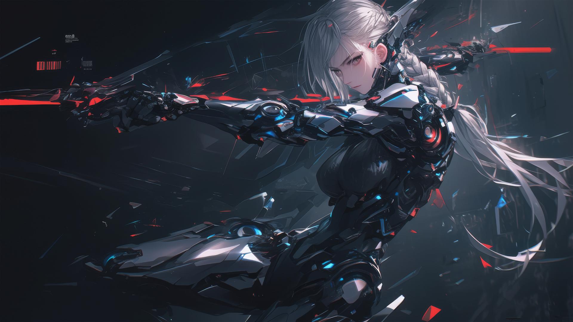 Cybernetic Agent Girl in dynamic pose with thigh focus on dark background