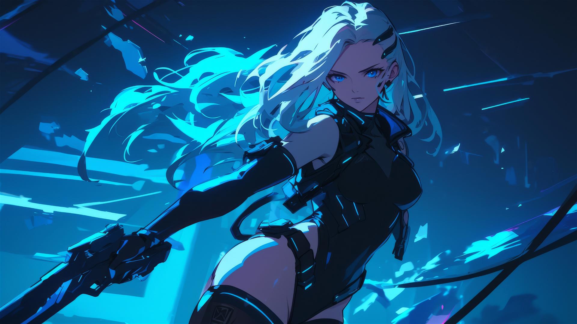 Cybernetic Agent Girl in dynamic pose with thigh focus on dark background