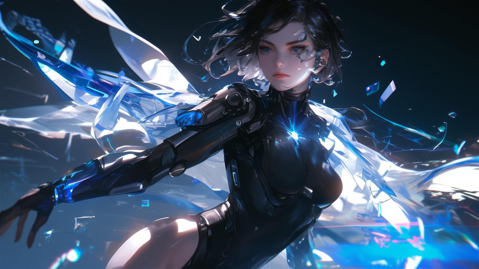 Cybernetic Agent Girl with thigh focus in dynamic pose on dark background