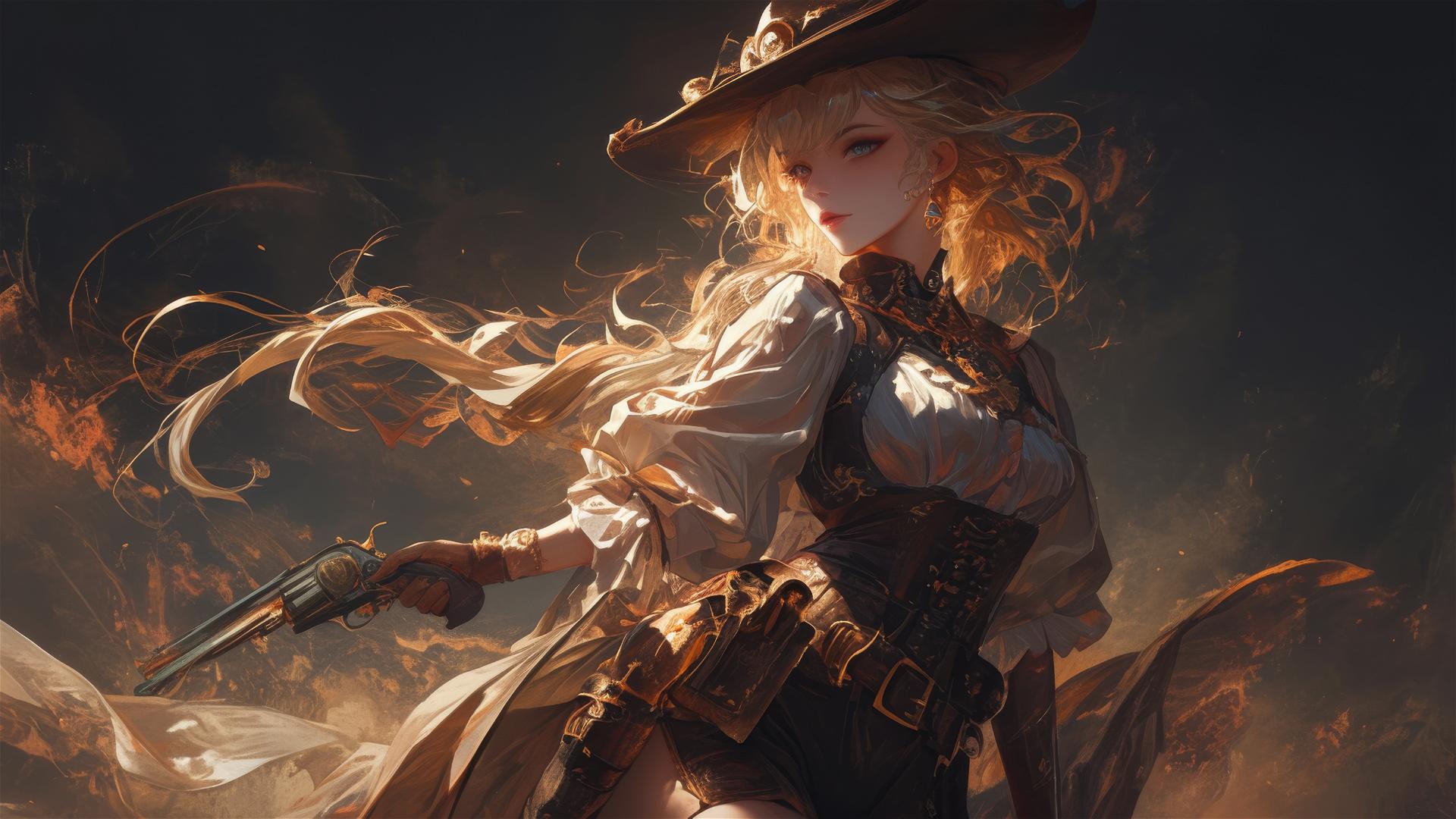 Steampunk adventurer girl in dynamic pose with thigh focus on dark background