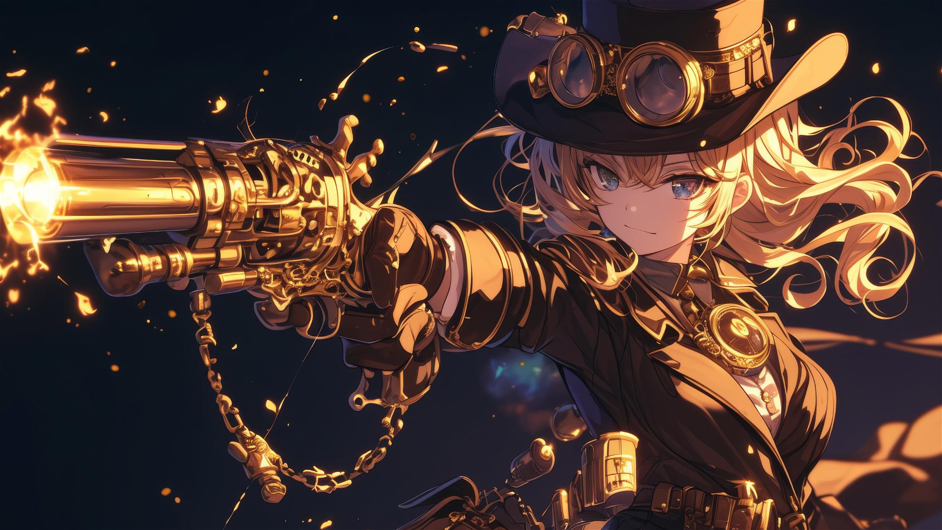 Steampunk Adventurer Girl in dynamic pose with thigh focus on dark background