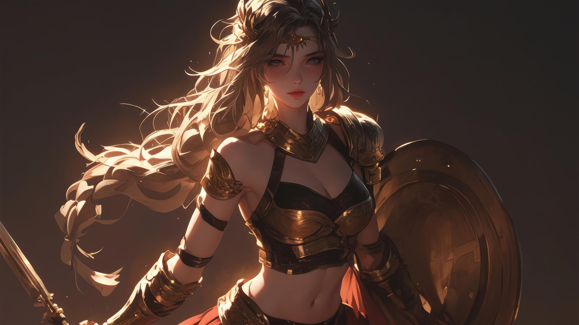 Gladiator warrior girl in dynamic pose with thigh focus on dark background