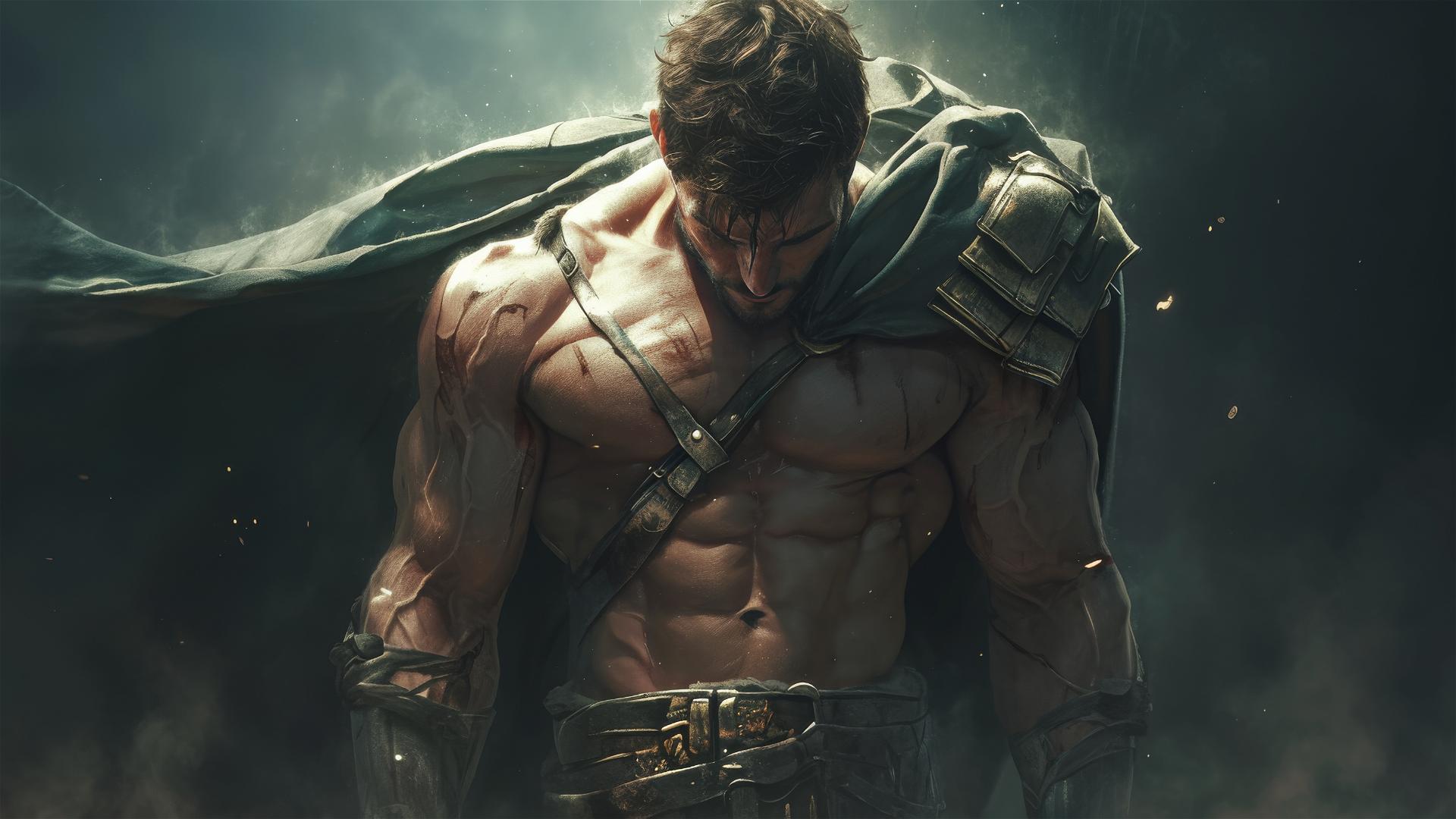 Gladiator warrior with spotlight on thighs on dark background