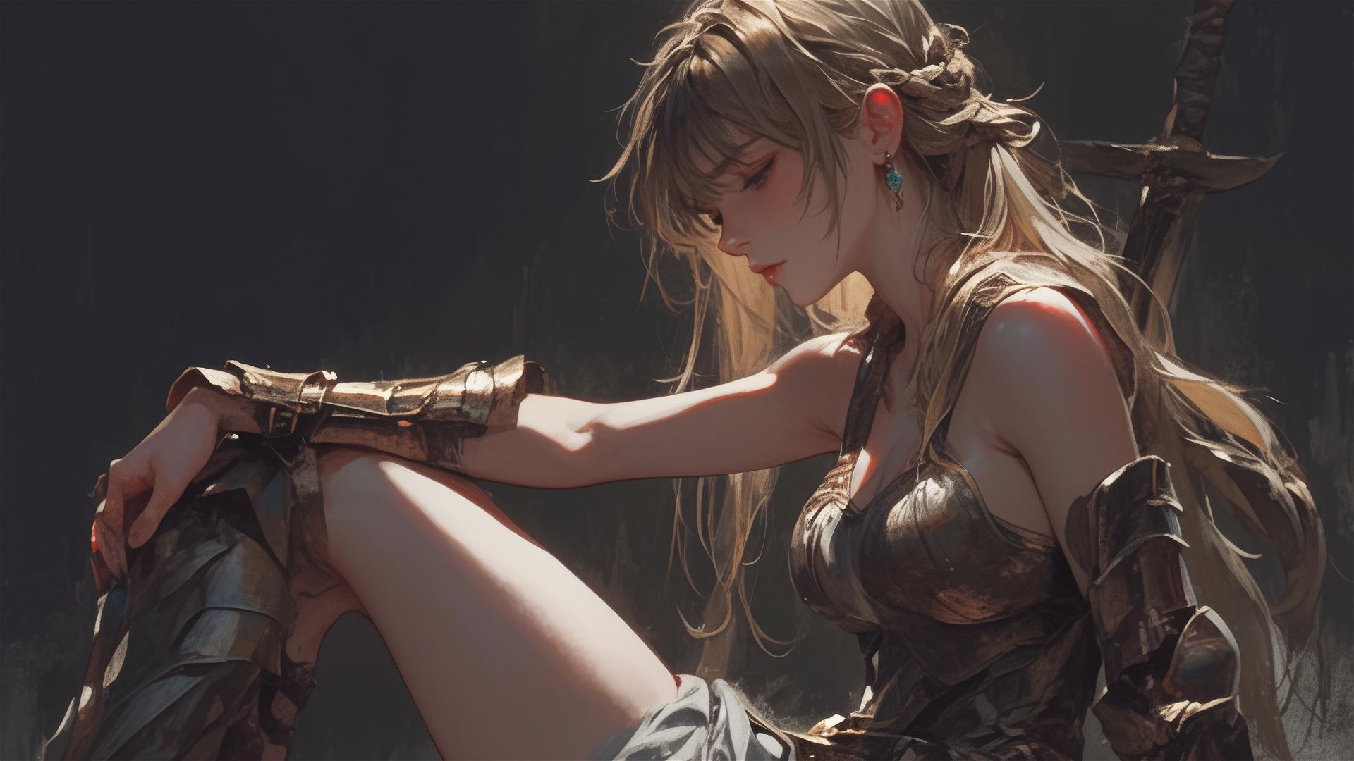 Gladiator Warrior Girl in spotlight on dark background with thigh focus