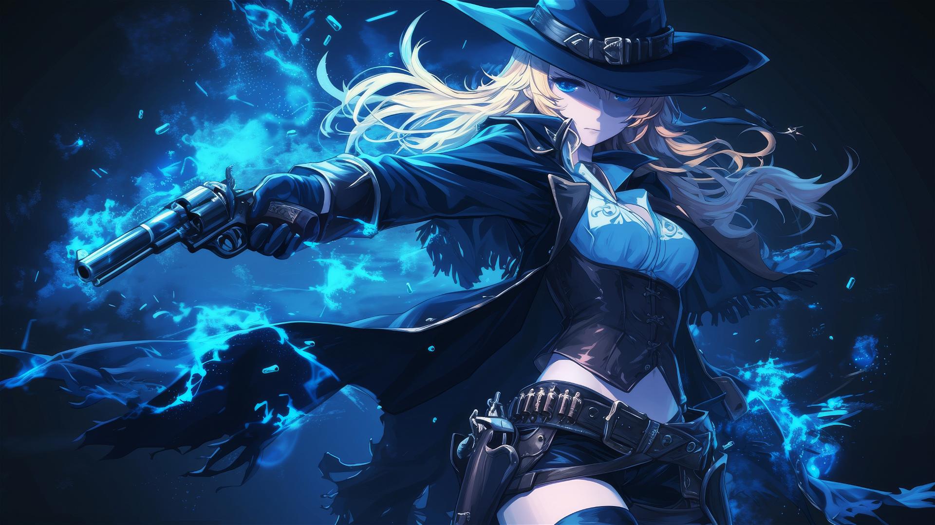 Gunslinger girl with thigh focus on dark background