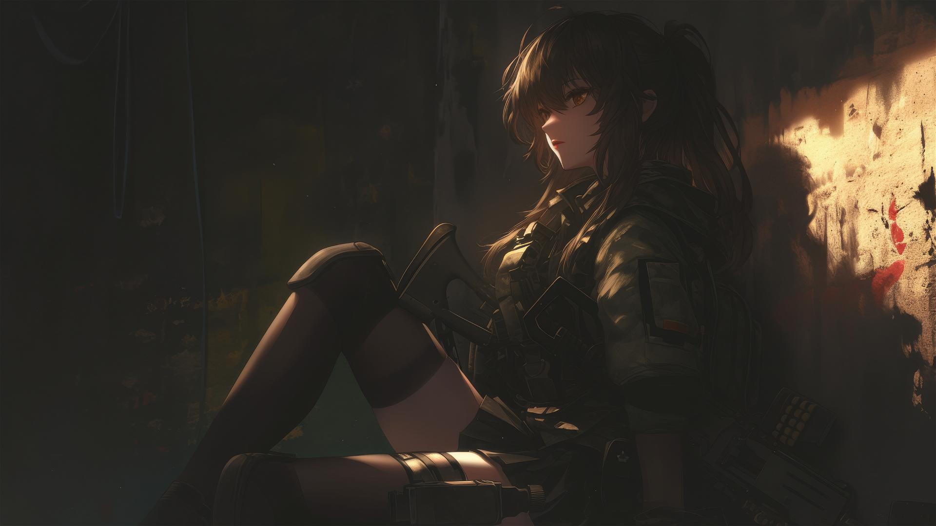 Tactical school girl with thigh focus on dark backdrop with spotlight