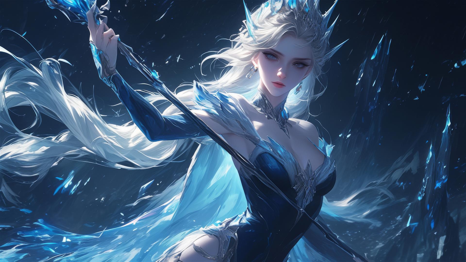 Fantasy Ice Mage Girl in dynamic pose with spotlight and dark background