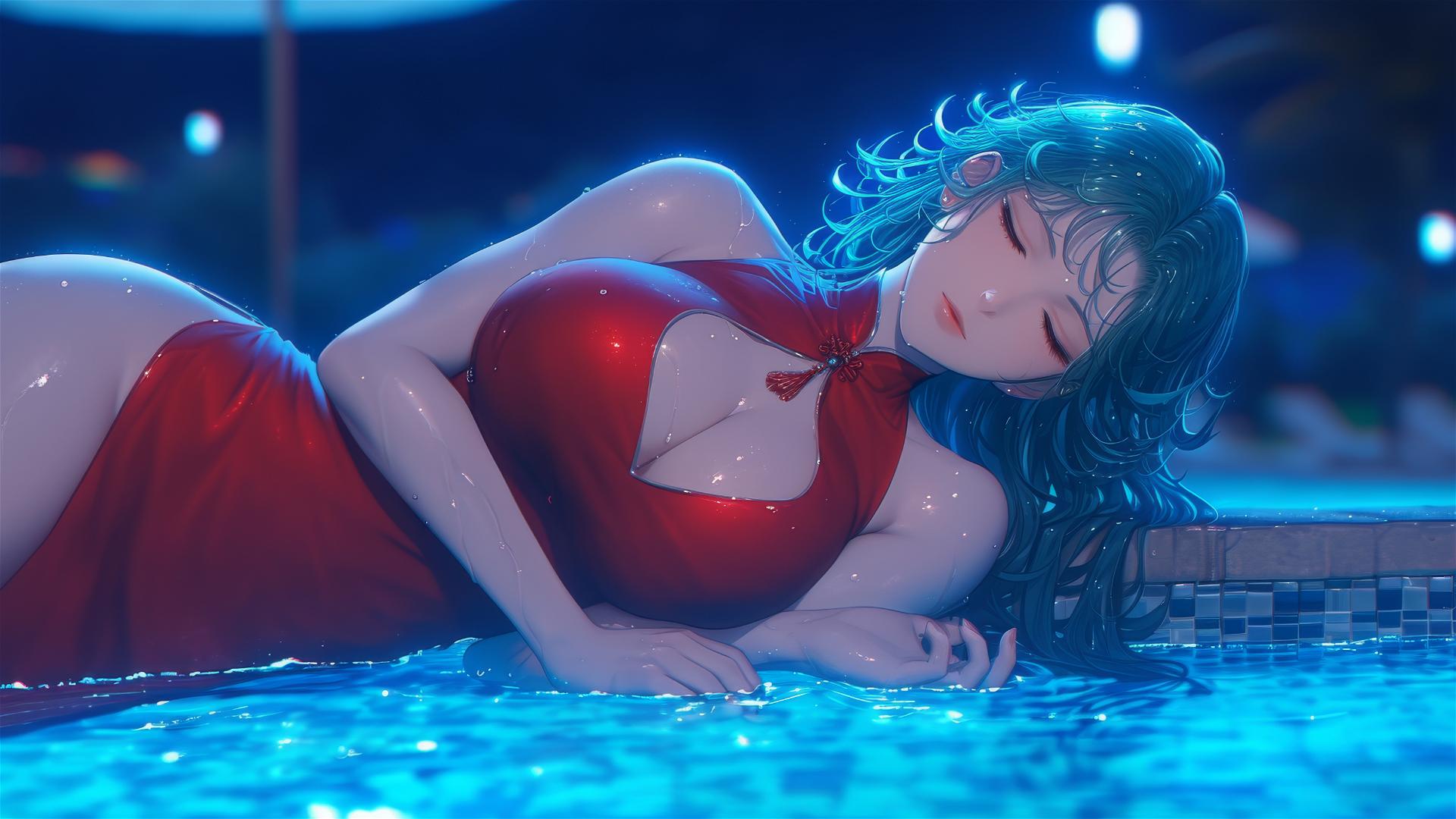 Tatsumaki from One-Punch Man resting by the pool, moonlit rain