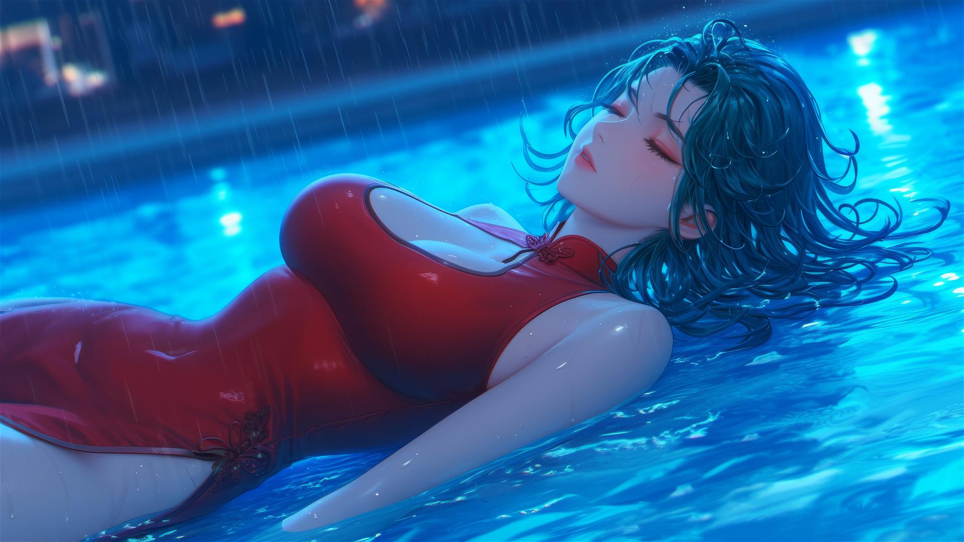 Tatsumaki from One-Punch Man resting by a pool under moonlight, red dress, rainy mood