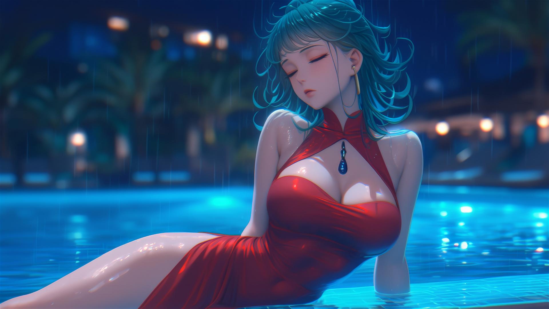Tatsumaki from One-Punch Man resting by pool under moonlight in red dress, rainy