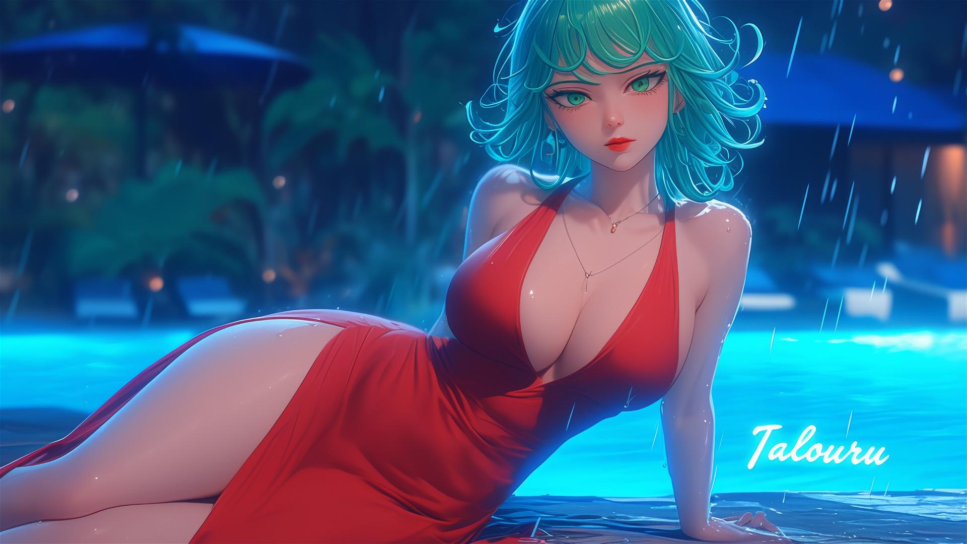 Tatsumaki from One-Punch Man resting by pool under moonlight, in red dress, rainy mood