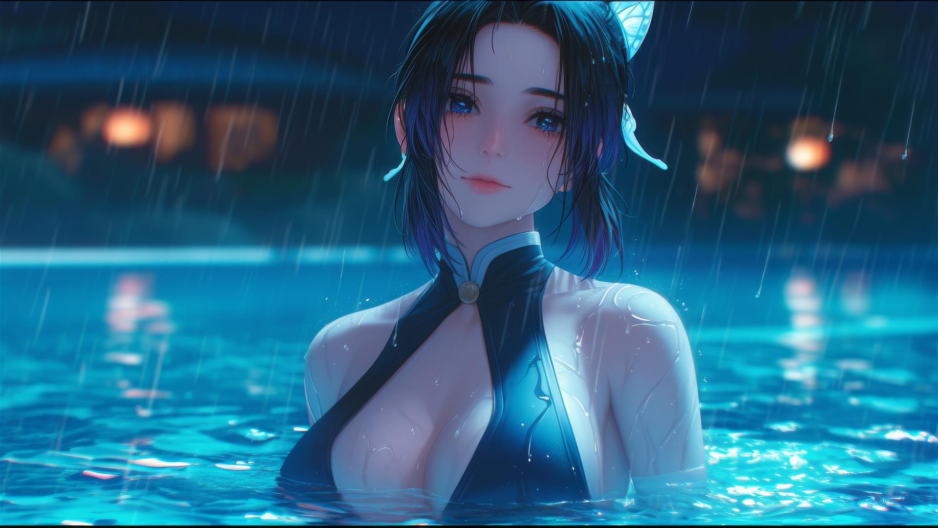 Shinobu Kocho in rainy pool with moonlight glow