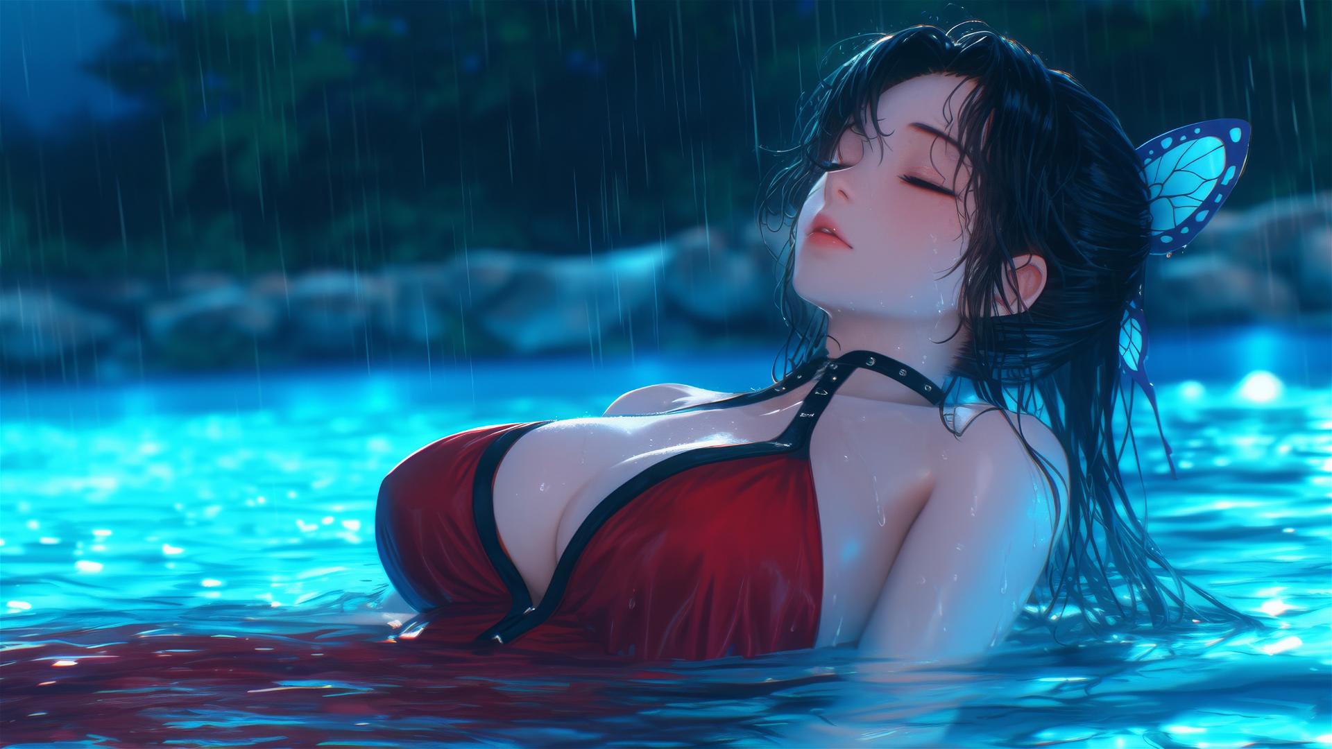 Shinobu Kocho from Demon Slayer resting by a pool under moonlight with rain