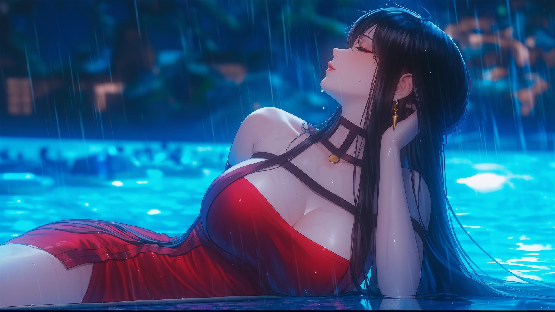 Yor Forger relaxing by a pool in the rain, moonlit in red pajamas
