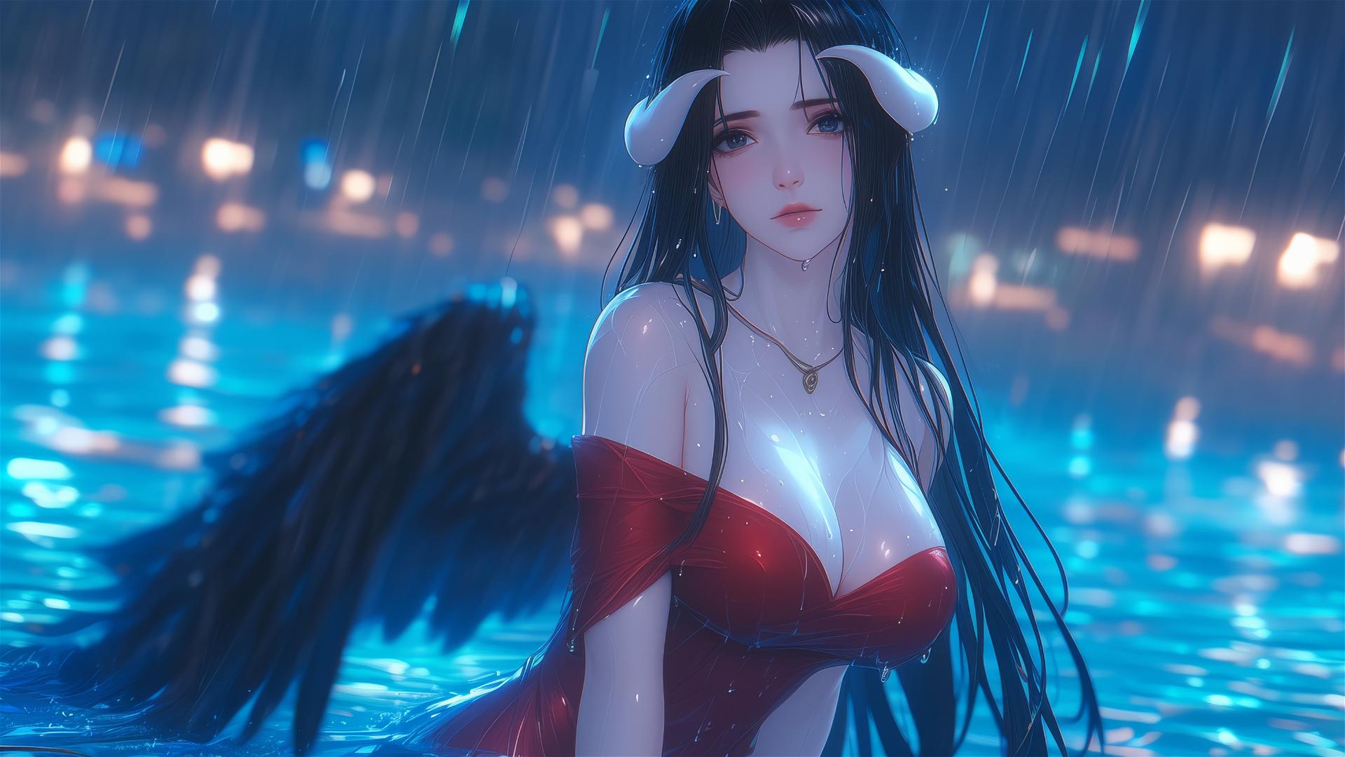 Albedo from Overlord standing in a rainy pool with moonlight on her red dress.