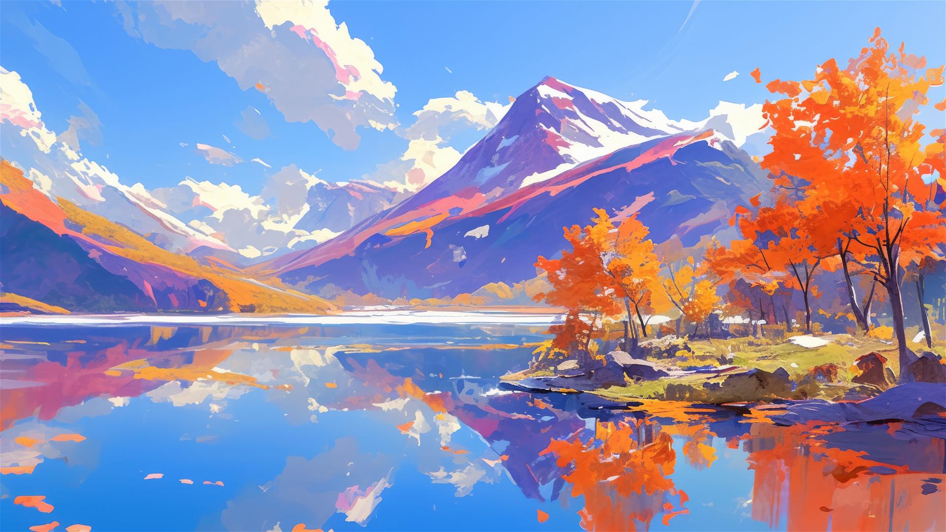 Mountain lake with autumn foliage reflection