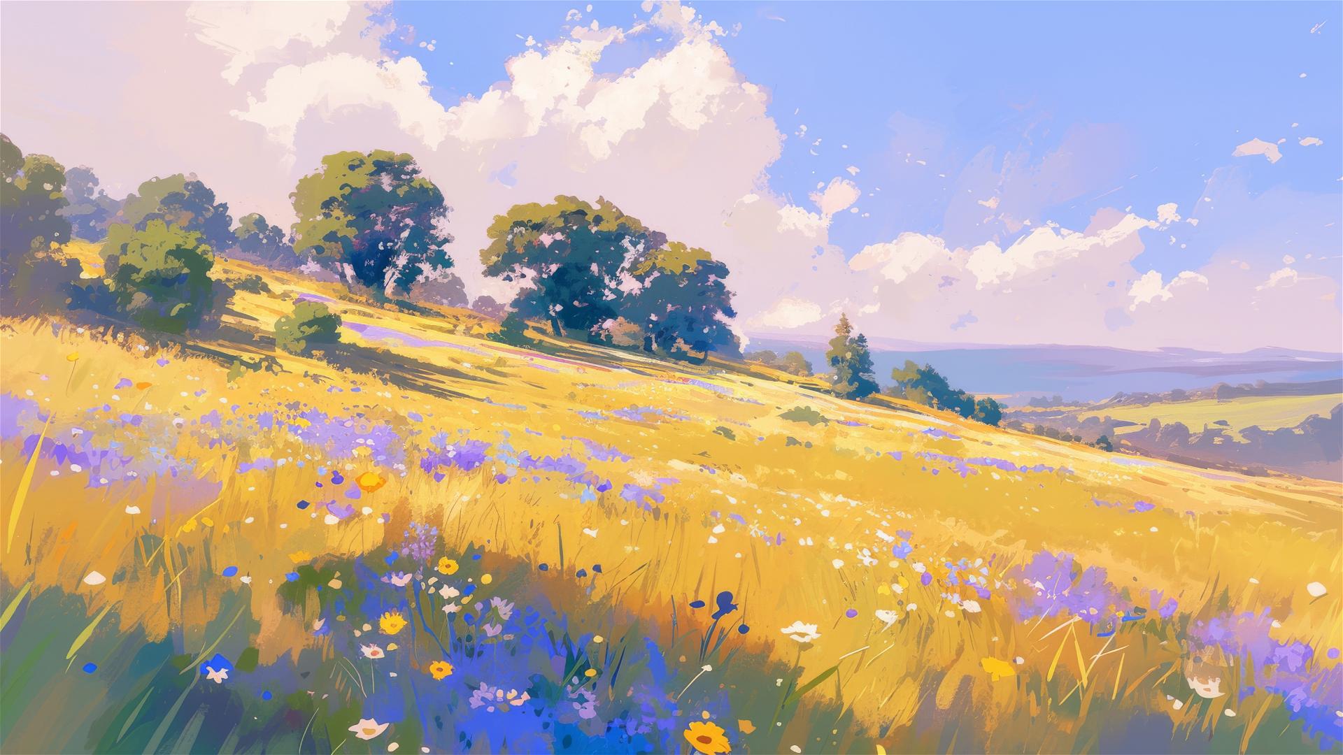 Wildflowers on breezy hills with a peaceful rural backdrop