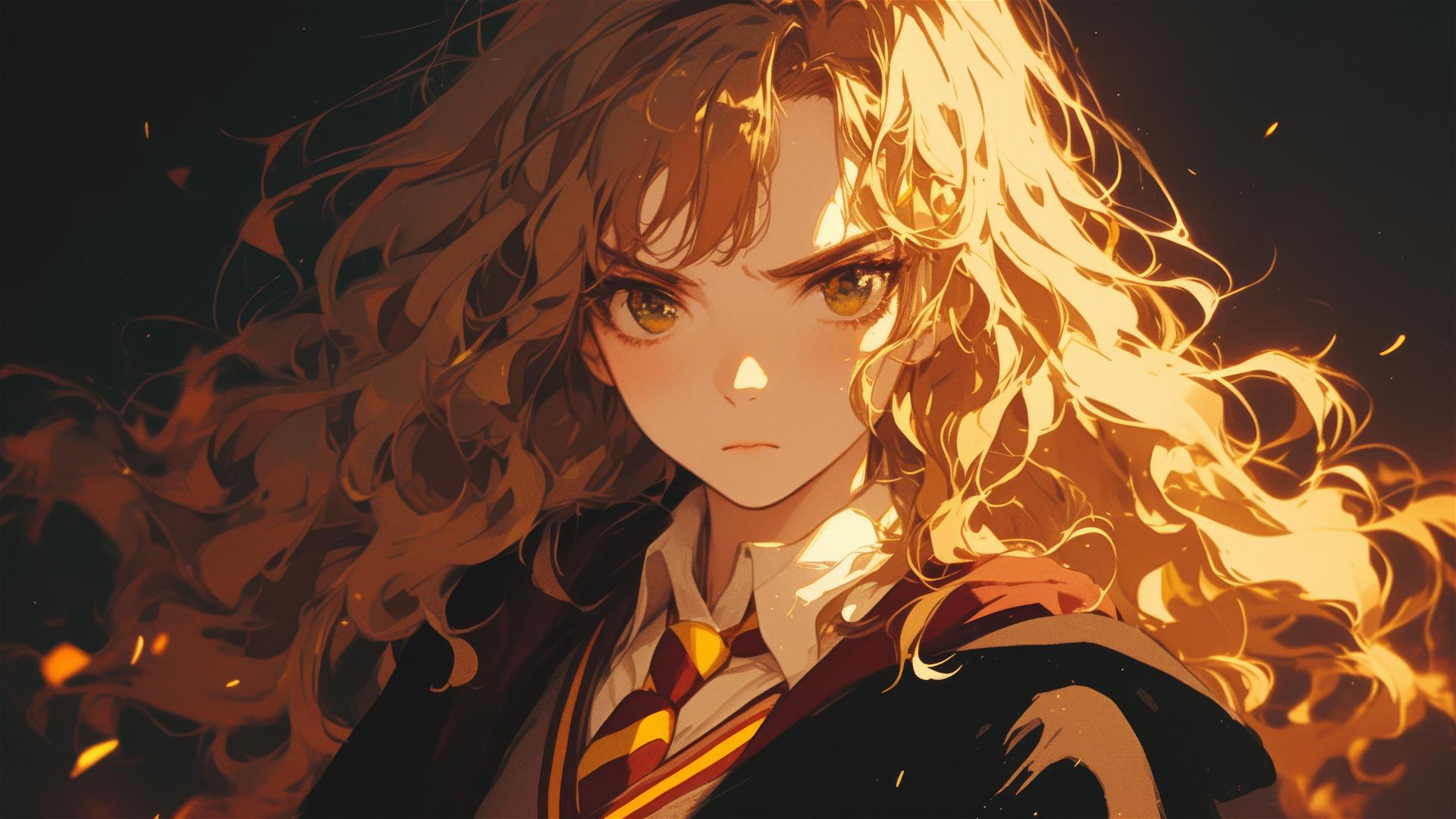 Hermione Granger drawing on dark background with spotlight effect