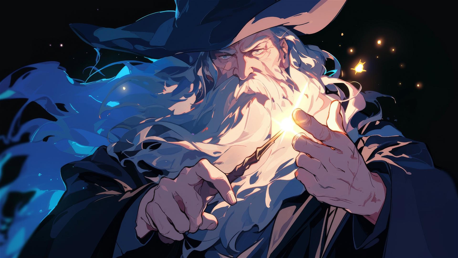 Illustration of Professor Dumbledore on a dark background with spotlight