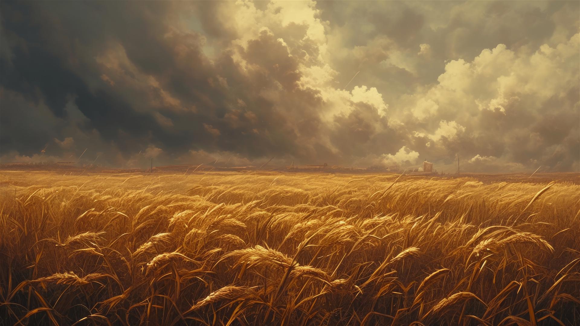 Golden wheat field with stormy sky and wind waves in crops