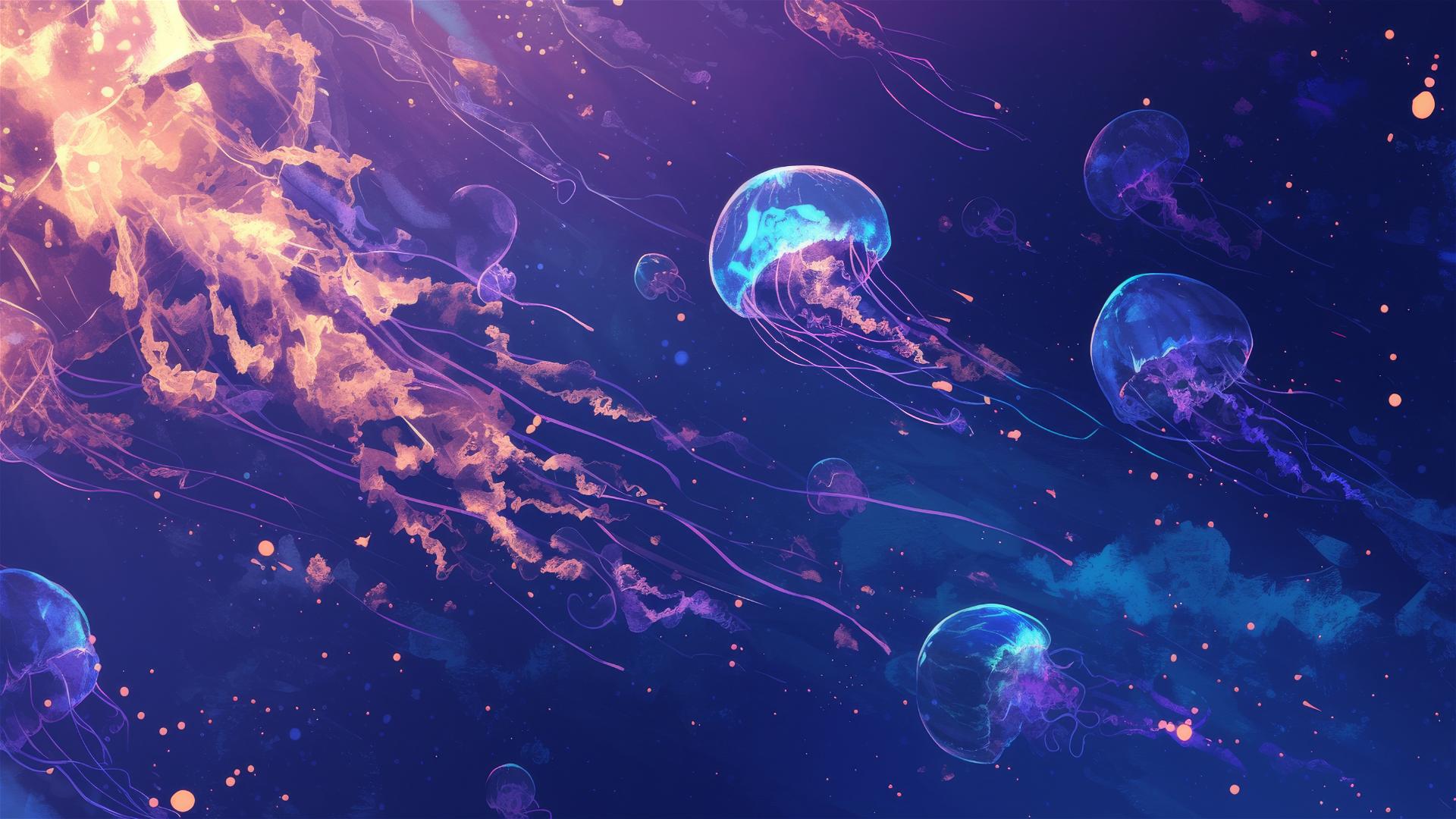 Luminous jellyfish in deep ocean with dreamy blues and purples