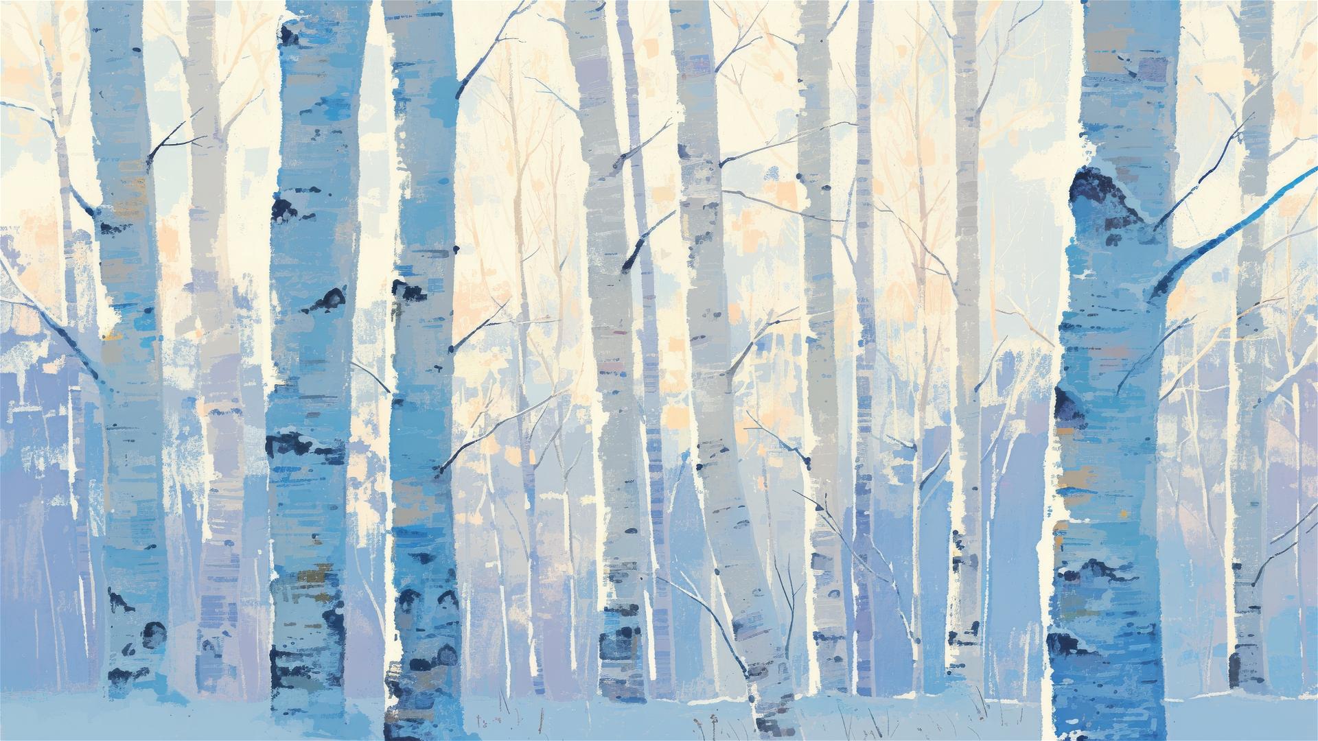 Frosty birch grove at dawn with white trunks against cold blue winter sky