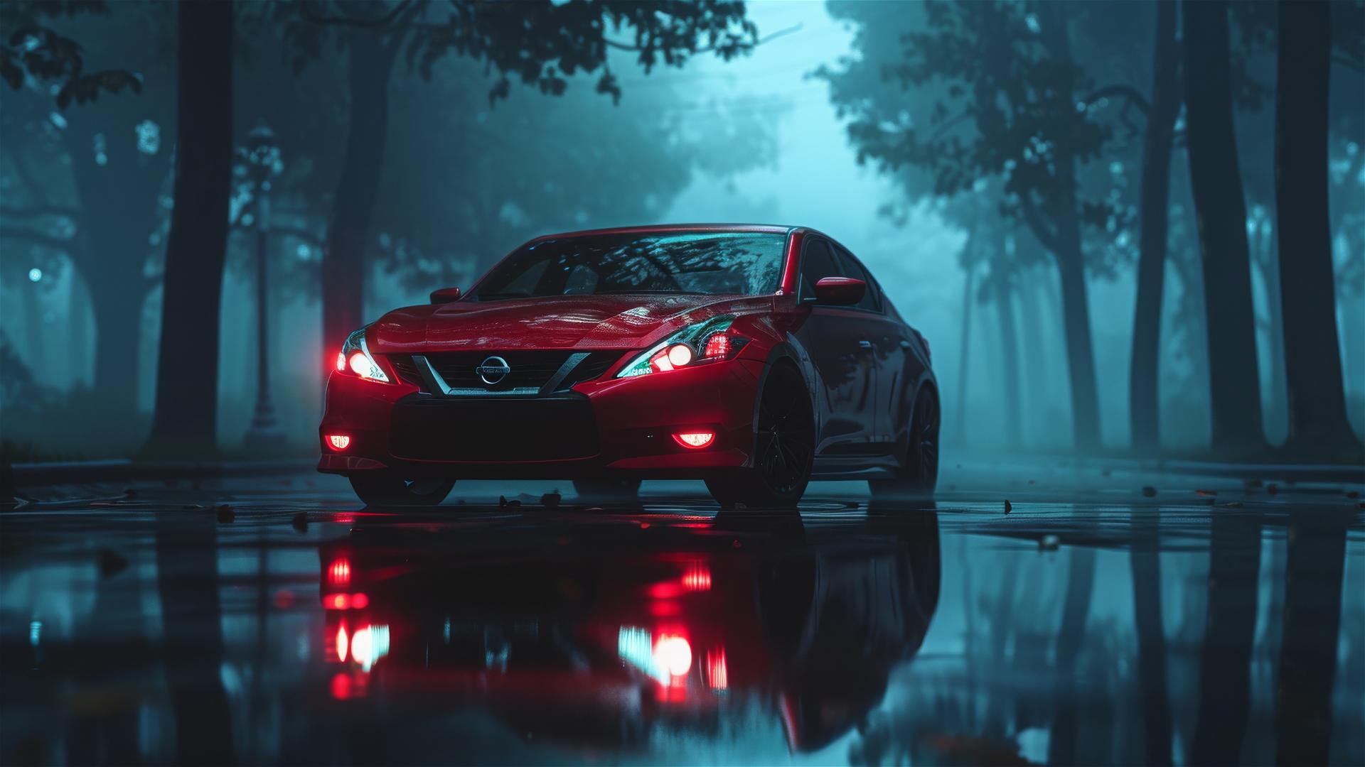 Nissan Altima in a foggy, dimly-lit Gothic ambiance with a photorealistic, closeup view.
