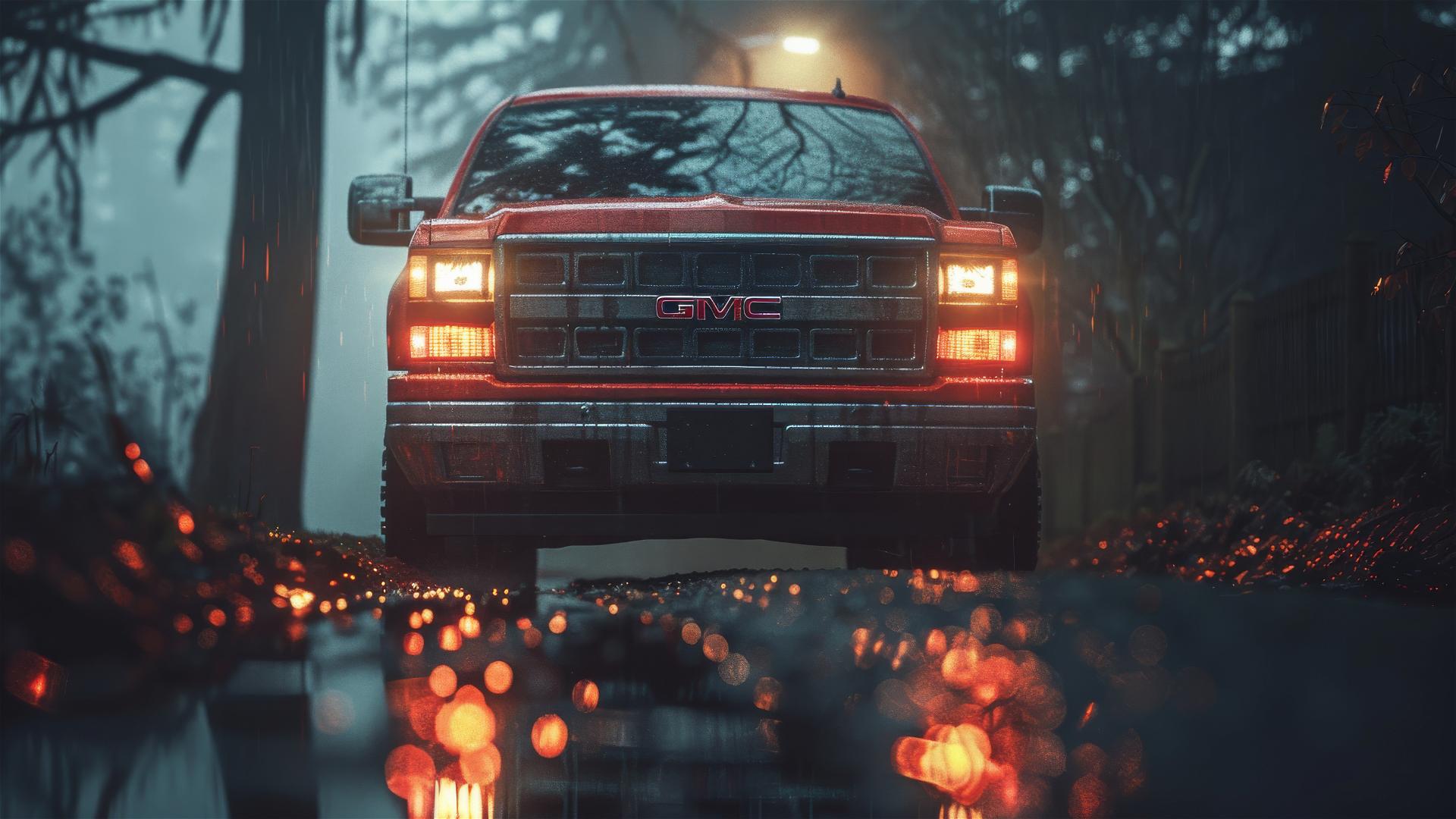 Close-up of GMC Sierra in dim, foggy, gothic setting