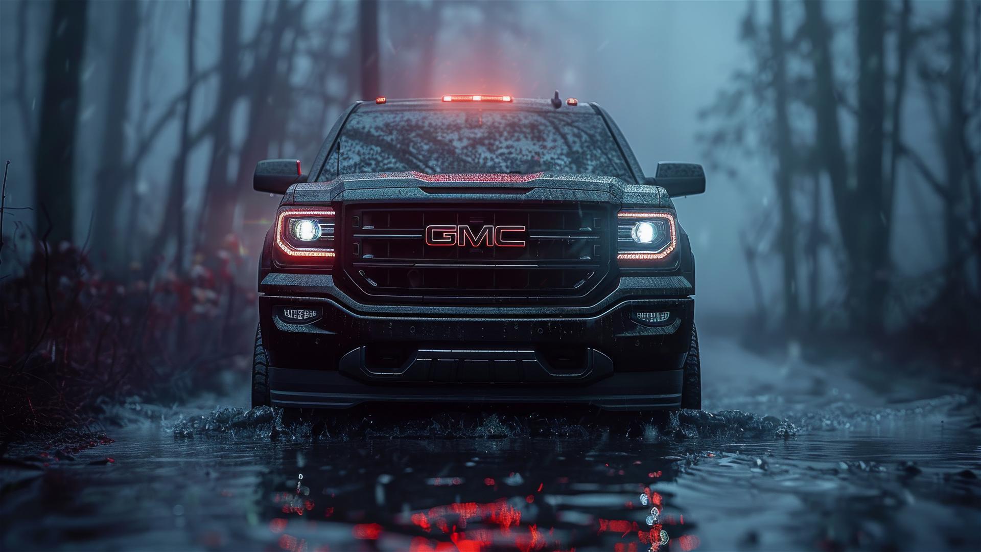 Gothic gloomy GMC Sierra in dim lighting
