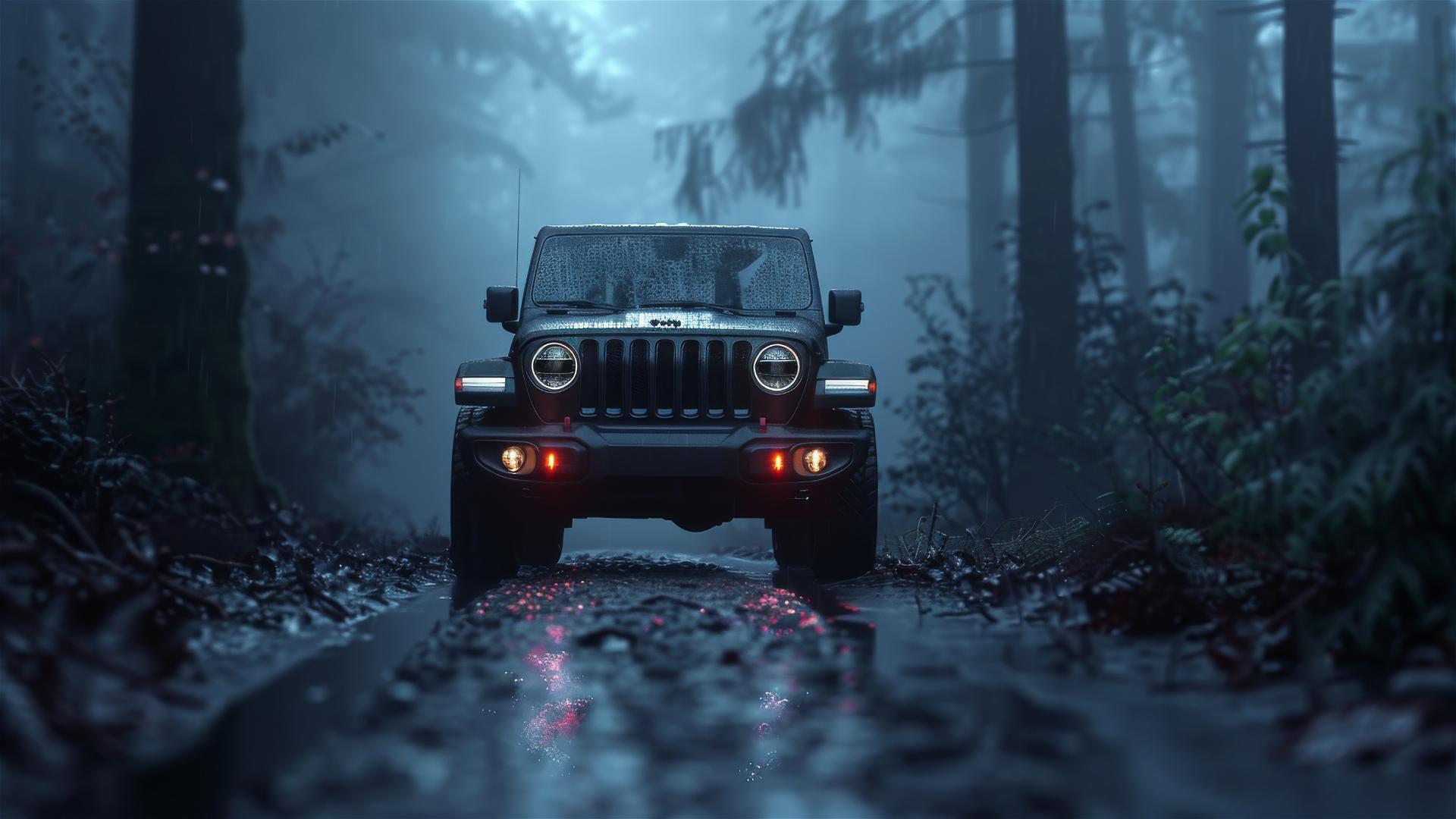 Close-up of a Jeep Renegade in dim, foggy, gothic setting