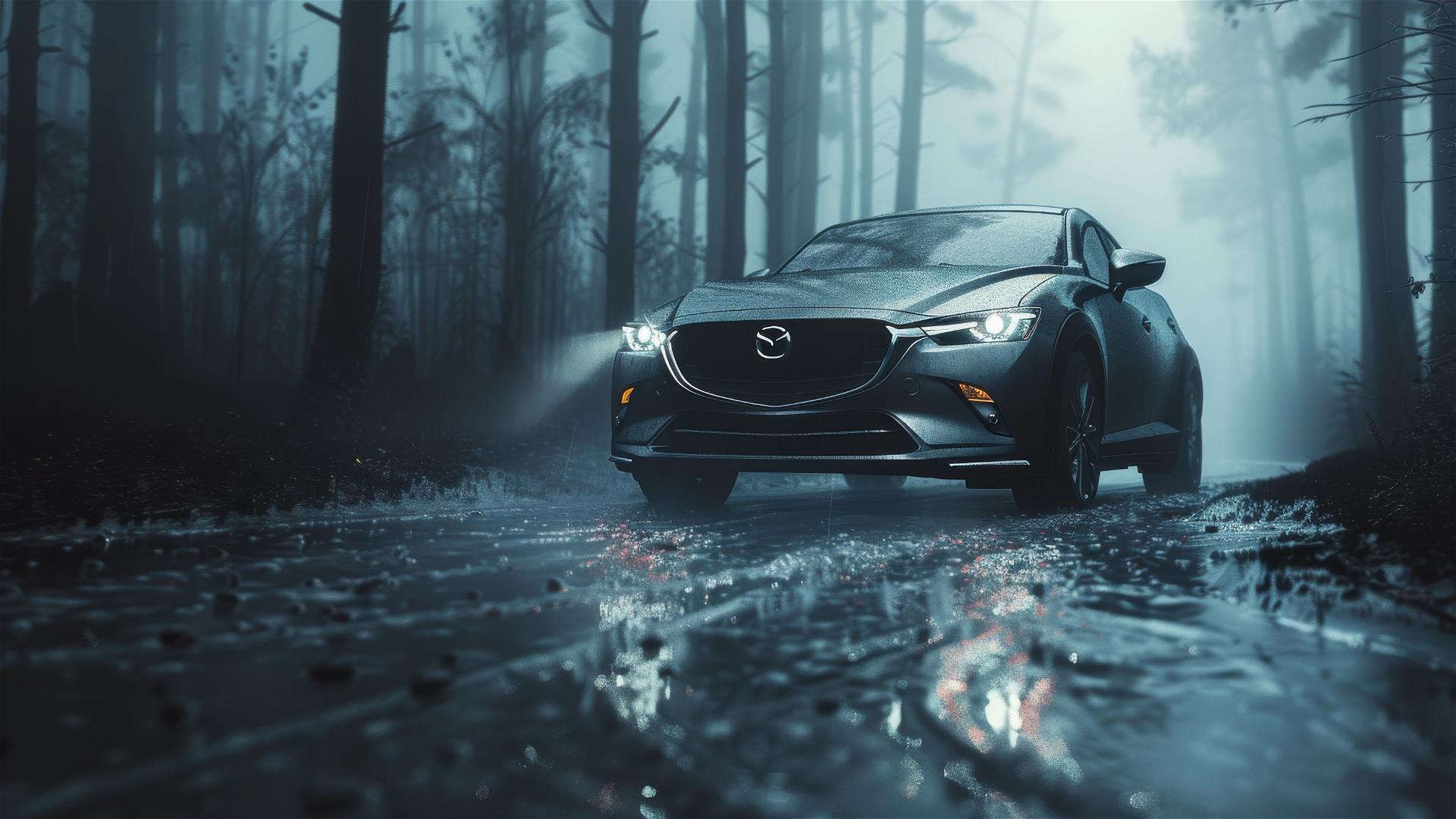 Photorealistic close-up of Mazda CX-3 in foggy, dim, gothic setting