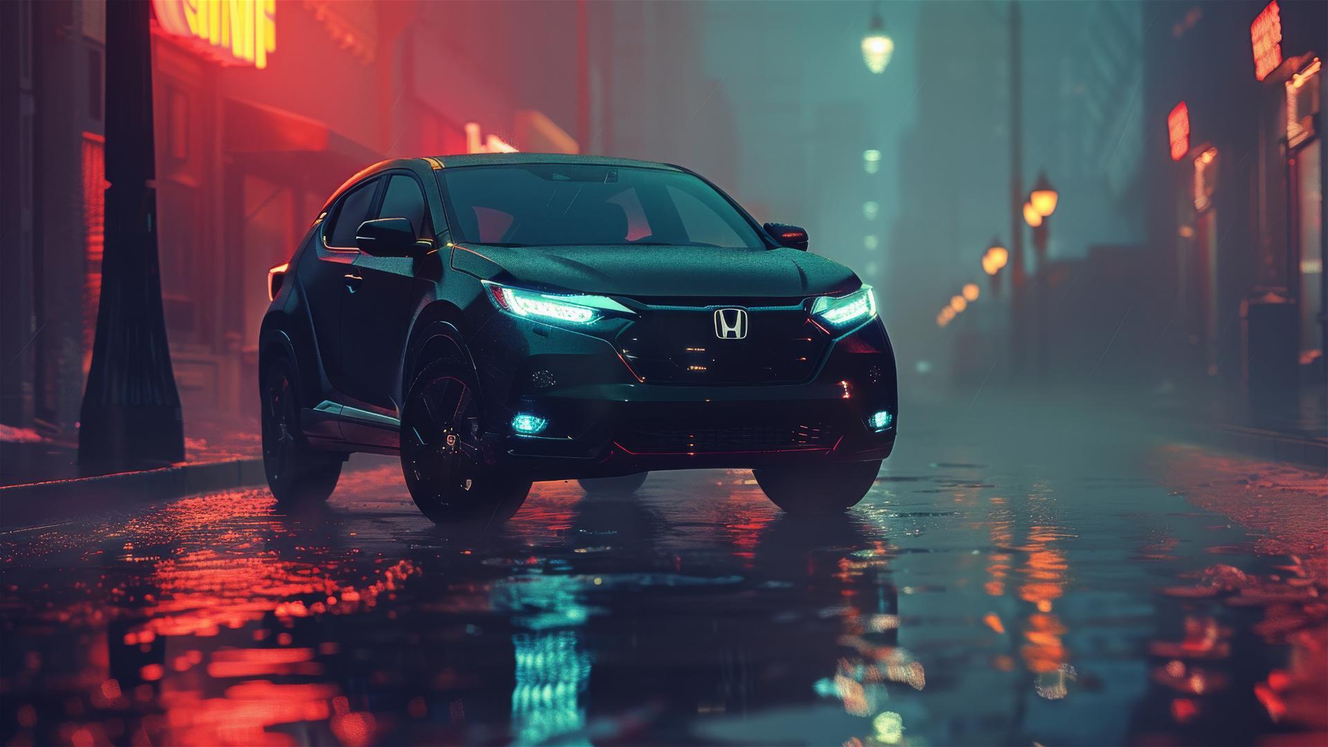 Closeup of a Honda HR-V in foggy, dim, gothic setting