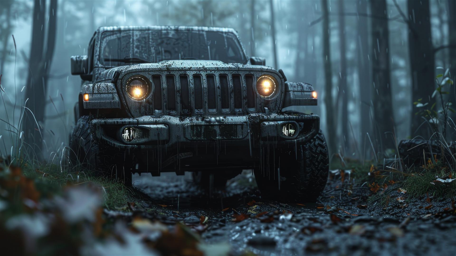 Closeup view of a Jeep Cherokee in dim, gothic gloomy lighting with a foggy, photorealistic finish
