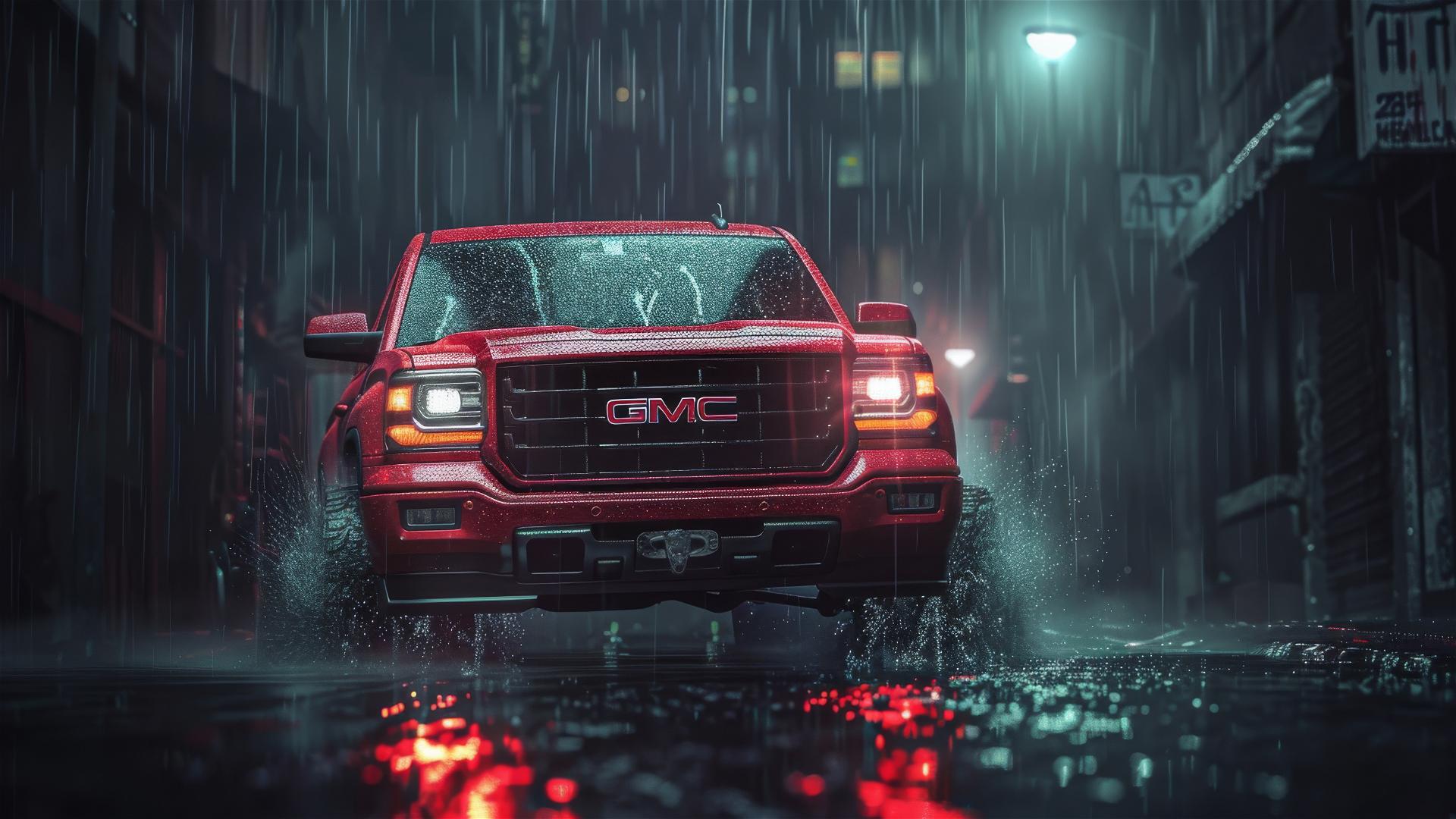 GMC Yukon in dim lighting with gothic gloominess in fog, closeup view 8k