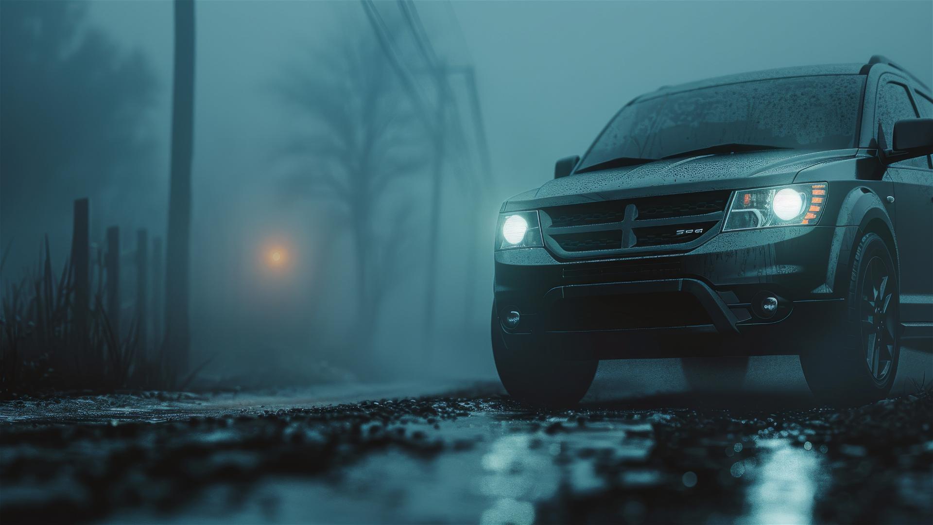 Close-up of a Dodge Journey in dim, foggy conditions with a gothic gloomy ambiance