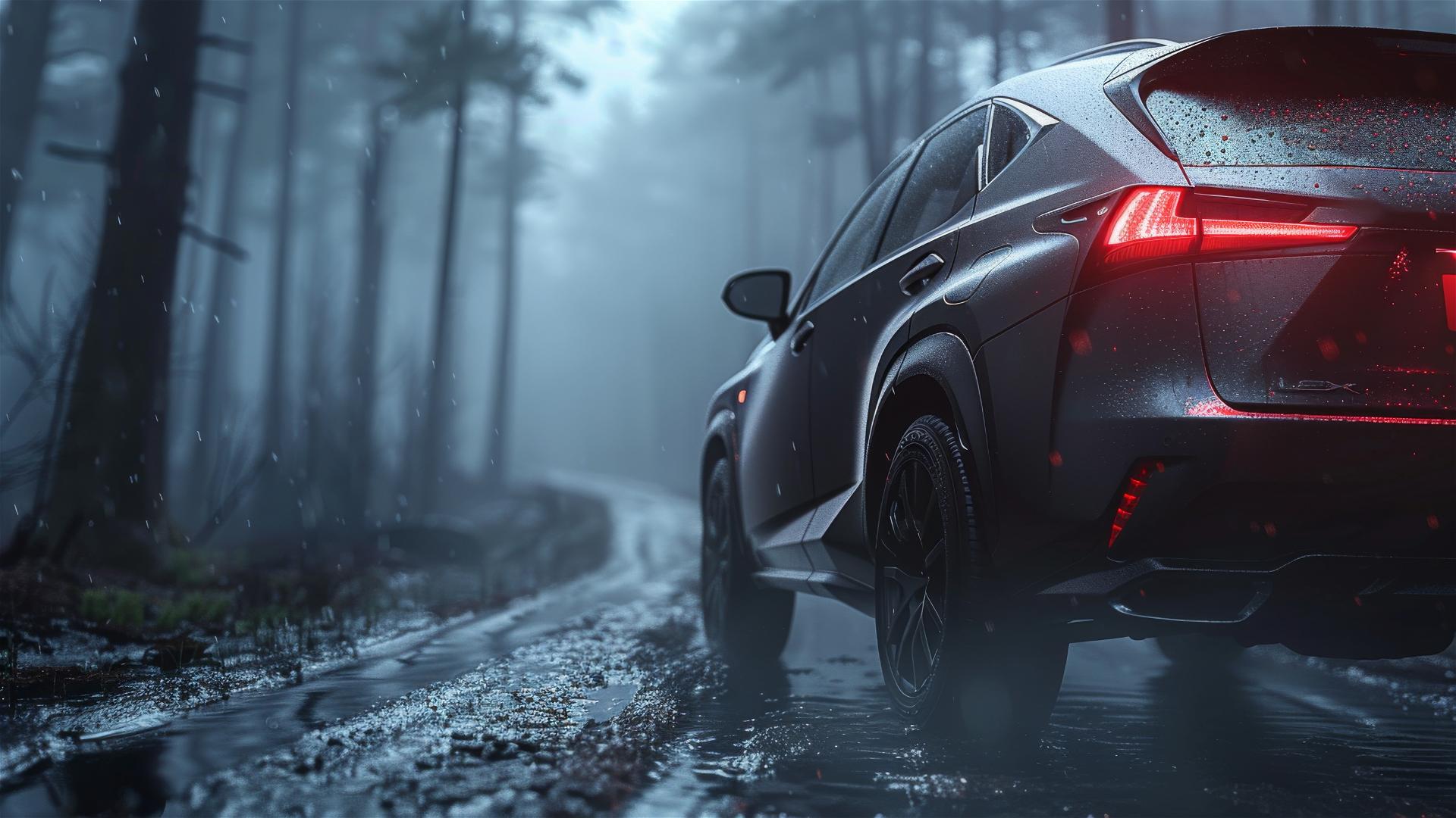 Closeup view of a Lexus NX in dim, gothic gloomy lighting and foggy conditions