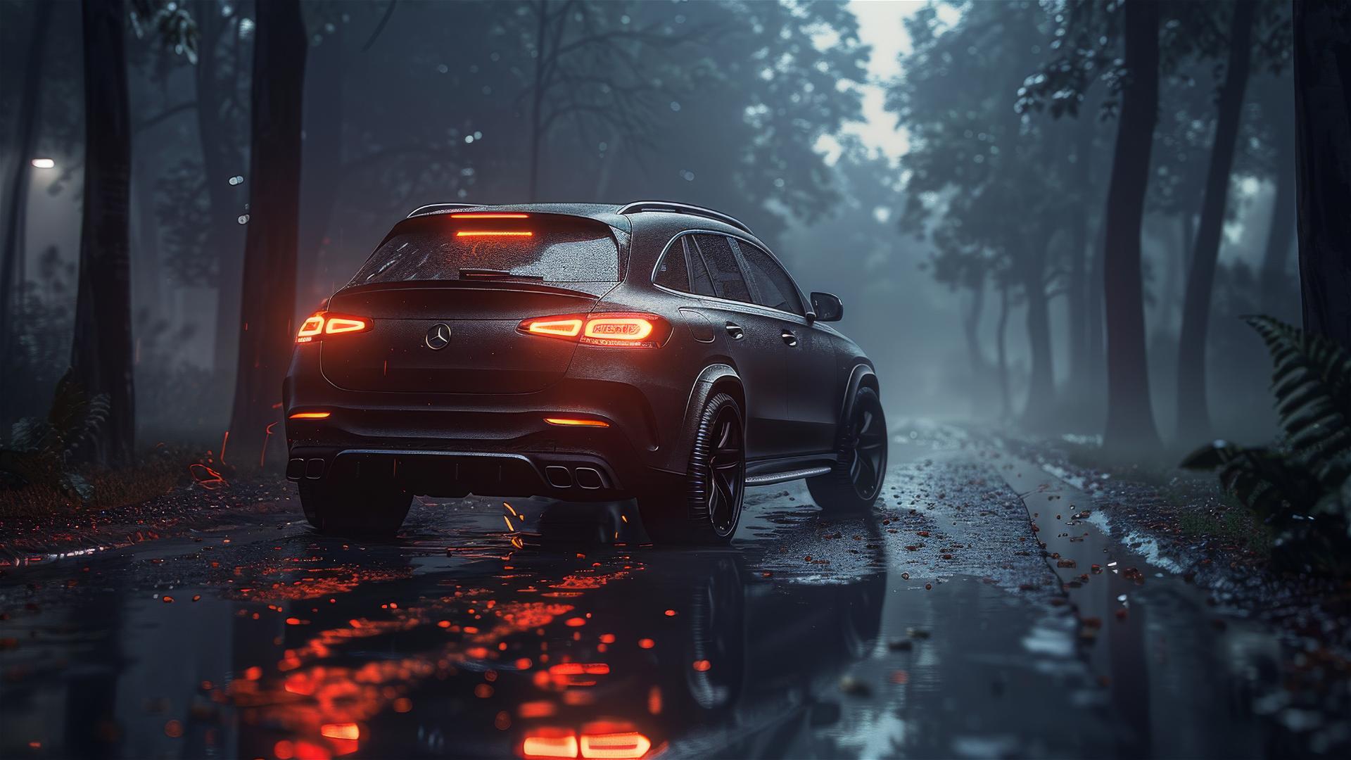 Mercedes-Benz GLE in Gothic gloomy setting with dim lighting, close-up view, and foggy ambiance