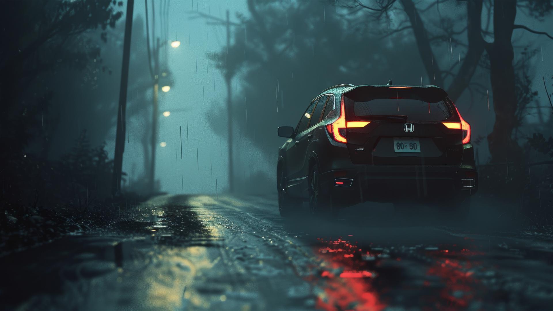 Honda CR-V in dim lighting and gothic gloomy atmosphere with a closeup view in foggy conditions