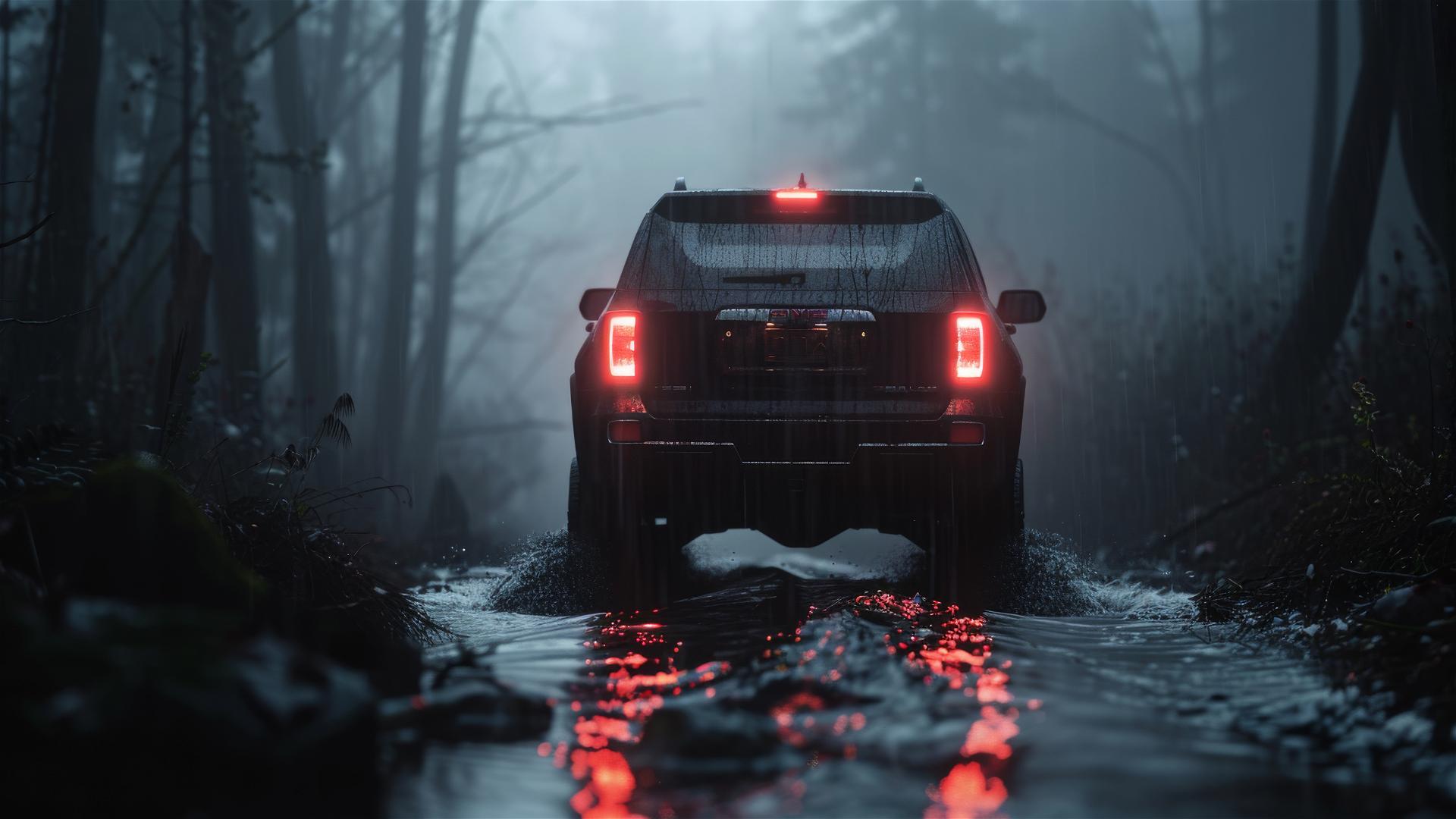 Closeup view of GMC Acadia in dim, foggy, gothic setting