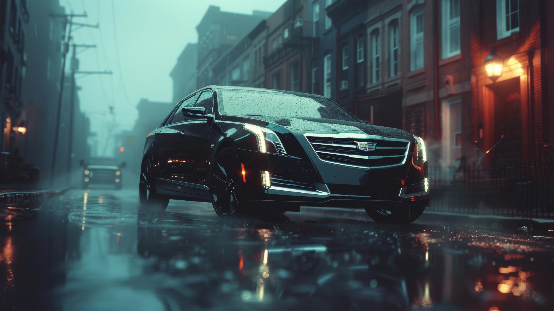 Cadillac XTS under dim lighting with a gothic gloomy atmosphere in 8K photorealistic closeup view surrounded by fog