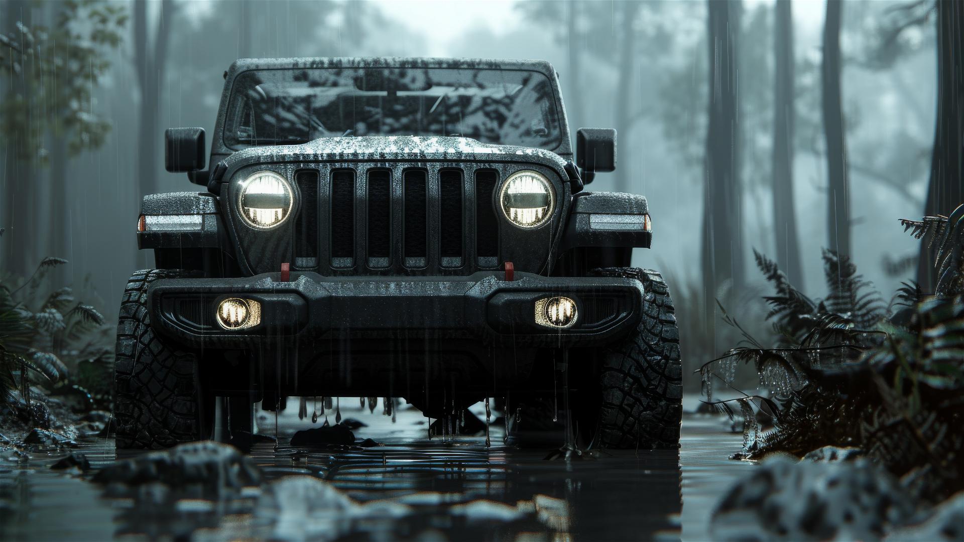 Photorealistic close-up of a Jeep Wrangler in dim, foggy, gothic gloom