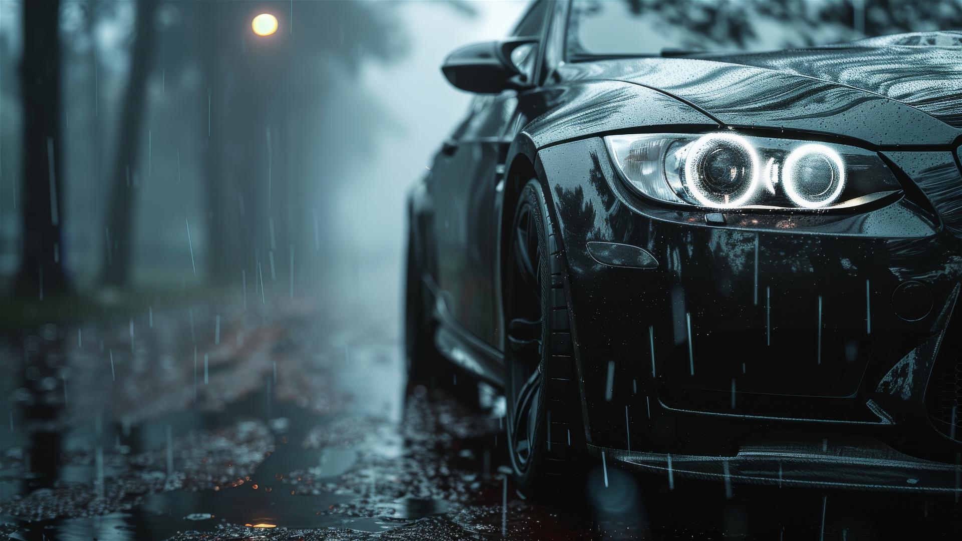Dimly lit photorealistic closeup of a BMW M3 in a foggy, gothic setting