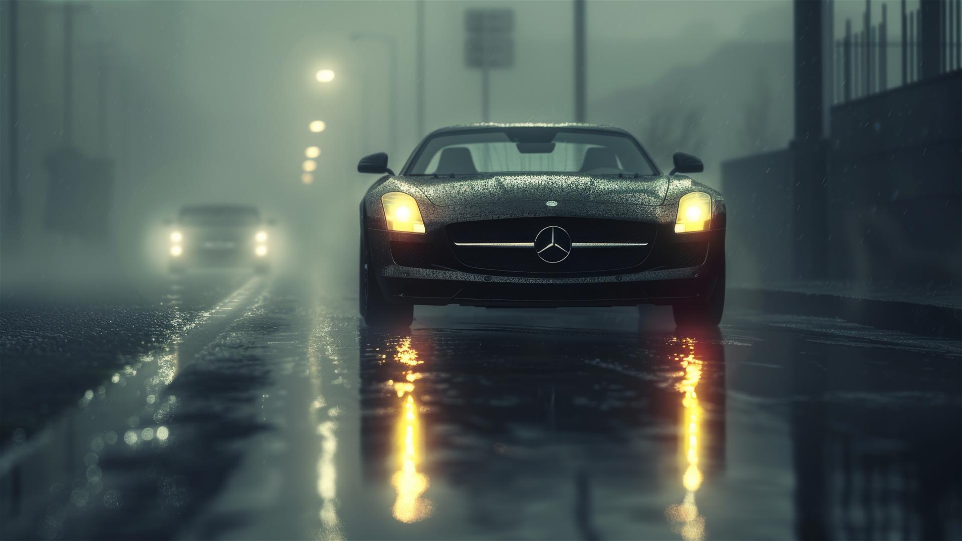 Mercedes-Benz SLS in dim lighting with a Gothic gloomy atmosphere, close-up view in fog