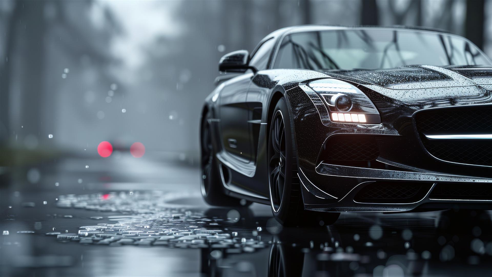 Mercedes-Benz SLS in dim lighting with a gothic, gloomy ambiance