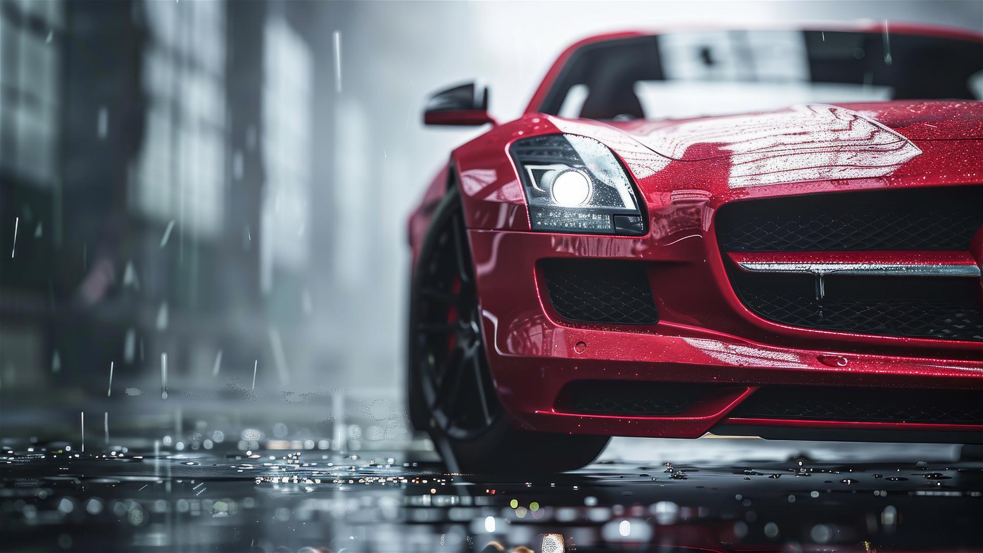 Close-up of a Mercedes-Benz SLS in dim, foggy, Gothic setting