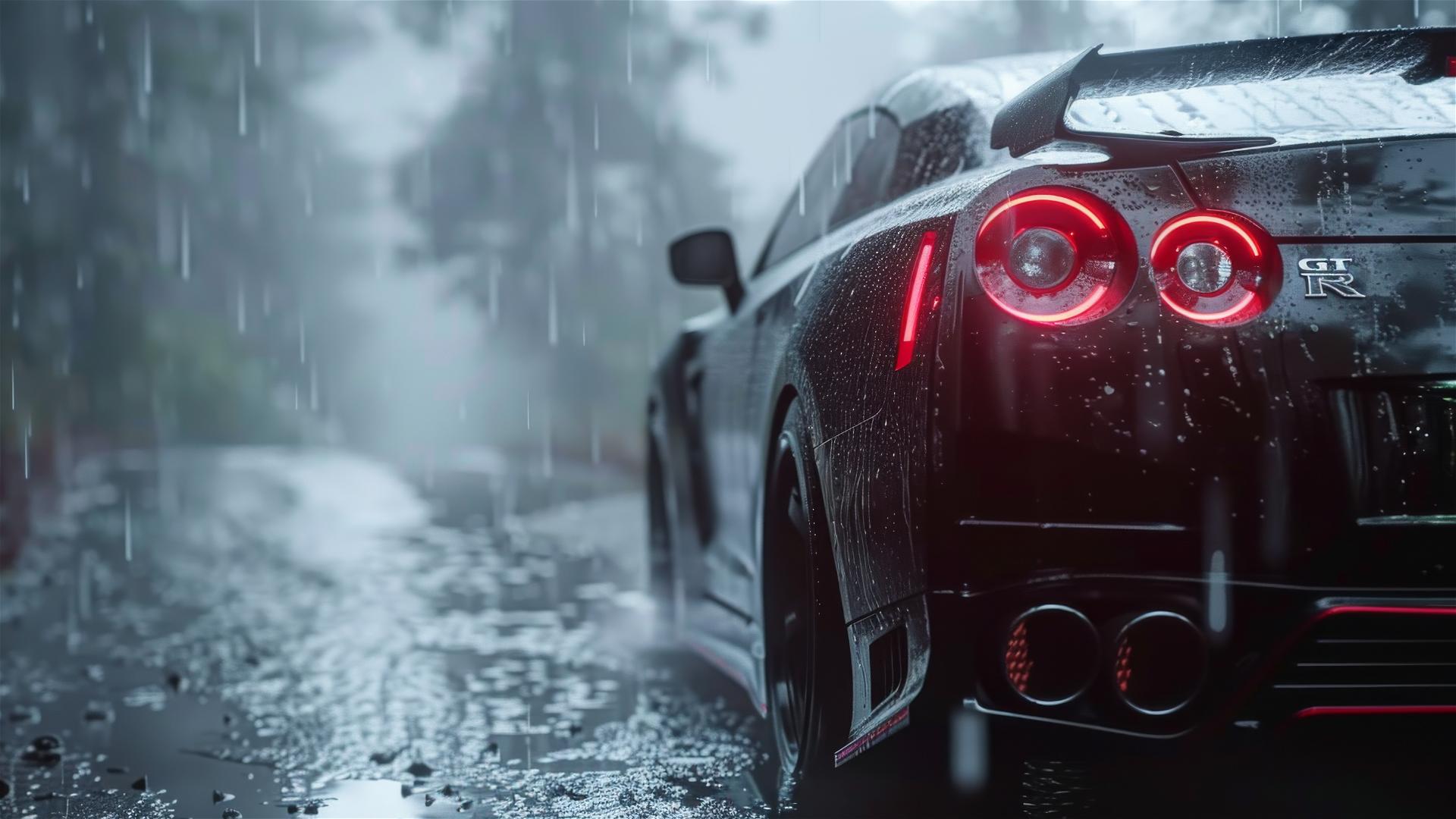 Nissan Skyline GTR, dim gothic lighting, closeup view in fog