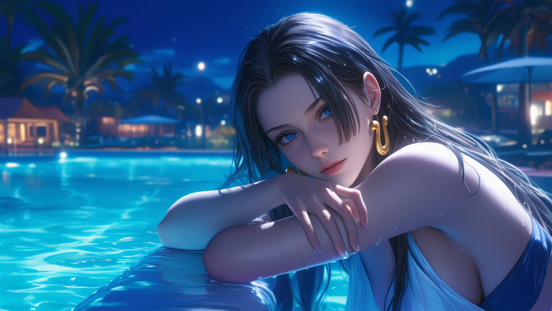 Boa Hancock from One Piece resting by a swimming pool under moonlight